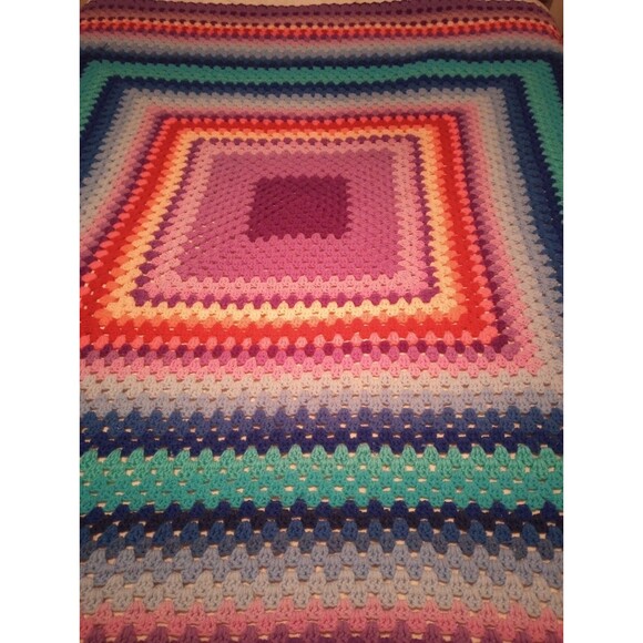 Vtg Vintage Handmade Crochet Afghan Throw Granny Blanket Rainbow 70" X 70" XL - Picture 2 of 10